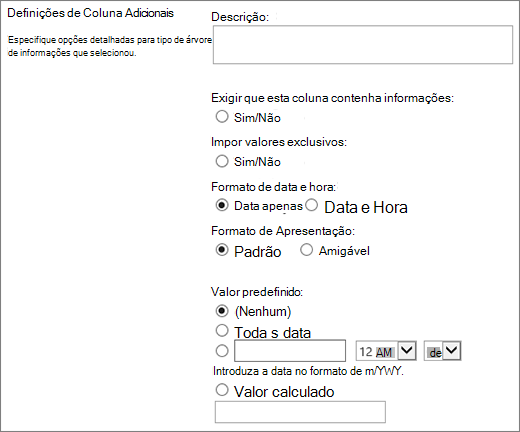 Opções para a coluna de data/hora