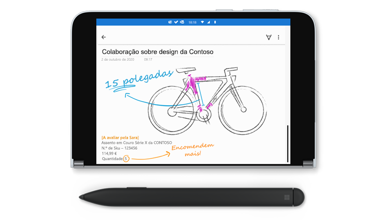 Surface Duo com um desenho em OneNote e uma Surface Slim Pen ao lado