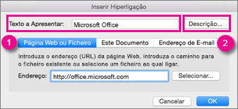 Caixa de diálogo Hiperligação do Office para Mac