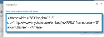 Screenshot de <iframe> código incorporado para um vídeo que foi copiado de um site de partilha de vídeo. O código incorporado é fictício.