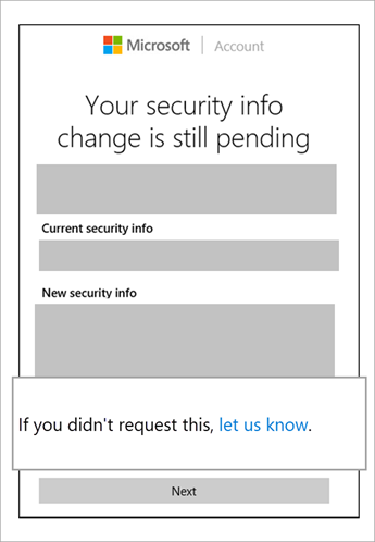 Captura de ecrã a mostrar as informações de segurança pendentes e uma nota de aviso a mostrar cancelar este pedido