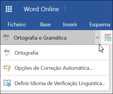 A lista de opções expandida de Ortografia e Gramática no Word Online