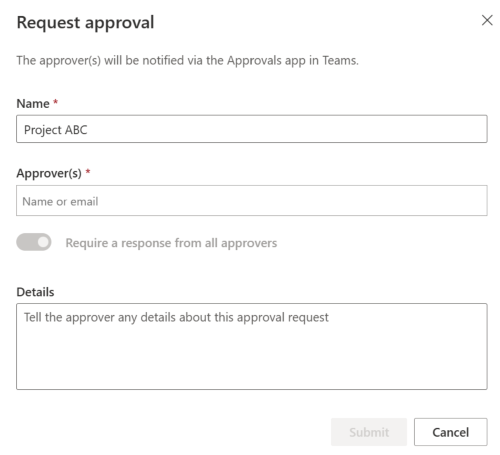 Captura de ecrã a mostrar a caixa de diálogo Pedir aprovação.