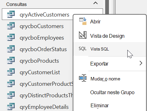 Opções do menu de clique com o botão direito do rato apresentadas a partir de um objeto de consulta numa base de dados do Access com a opção Vista SQL selecionada
