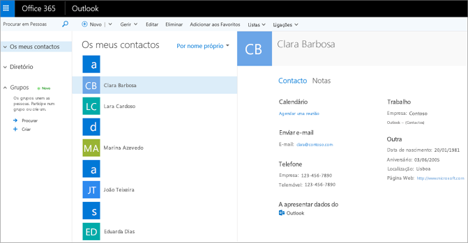 Após importar contactos, eis o aspeto dos mesmos no Outlook na Web.