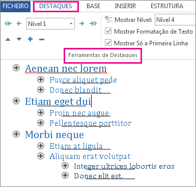 Imagem de algumas ferramentas de Destaque no menu Destaques com um destaque de exemplo com o texto lorem ipsum