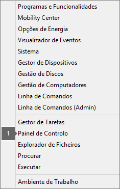 Opções e lista de comandos apresentados depois de premir a tecla de logótipo do Windows + X