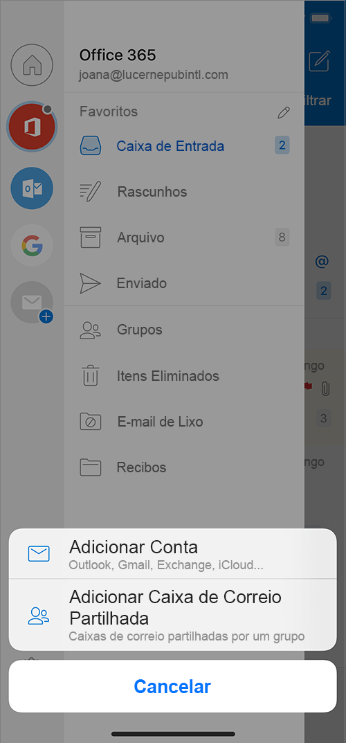 Ecrã do Outlook com o comando Adicionar Caixa de Correio Partilhada