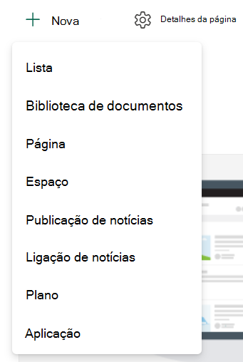 Captura de ecrã a mostrar a criação de uma nova lista ou biblioteca