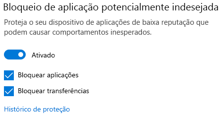 O controlo de bloqueio de aplicações potencialmente indesejadas no Windows 10.