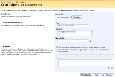 Página Criar Página do Documento no Office SharePoint Server 2007