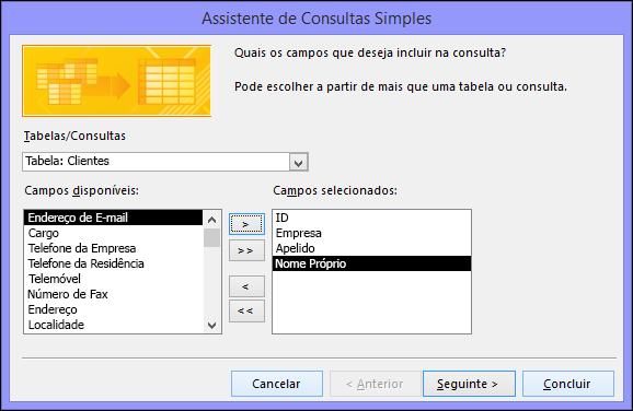 Na caixa de diálogo Assistente de Consultas Simples, selecione os campos que pretende utilizar.