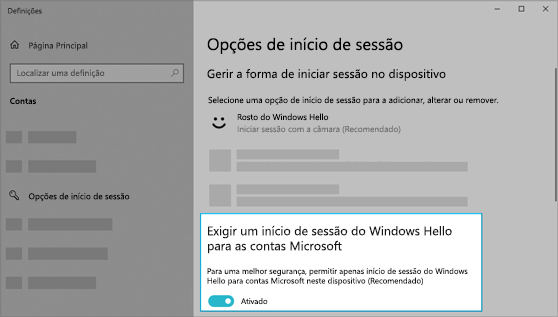 A opção de utilizar o Windows Hello para iniciar sessão nas contas Microsoft está ativada.