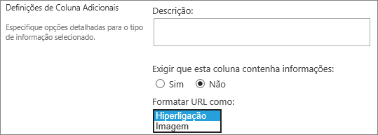 Opções de coluna de imagem/hiperligação