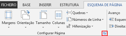 No separador ESQUEMA DE PÁGINA, o ícone Configurar Página no canto inferior direito abre a janela Configurar Página.