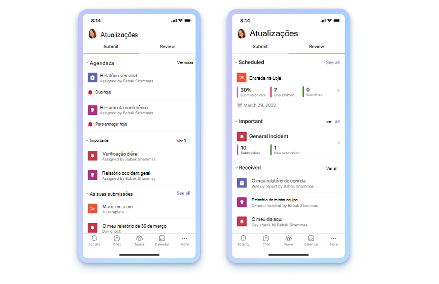 Aplicação Atualizações no Microsoft Teams em dispositivo móvel