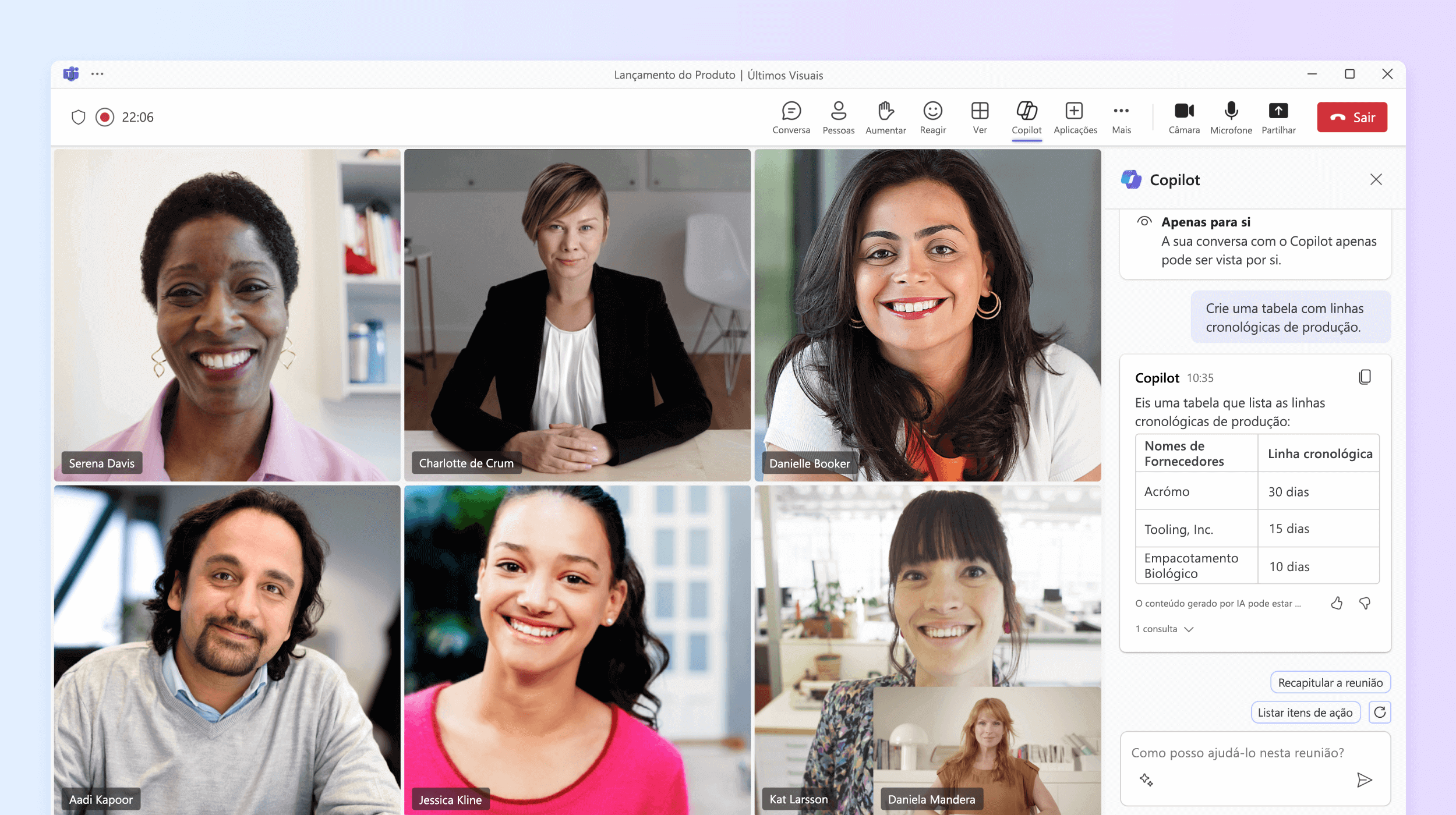 A captura de ecrã mostra pessoas numa reunião do Teams com o Copilot no Teams.