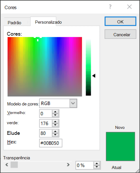 Seletor de cores nas aplicações do Office. Nos campos RGB, existe um novo campo para inserir o valor de cor hexadecimal.
