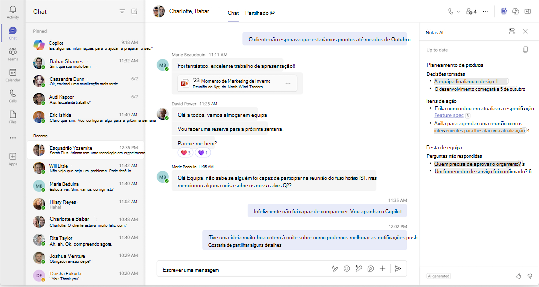 Notas geradas por IA atualizadas numa conversa do Teams