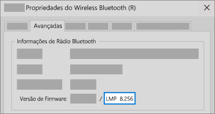 Campo da versão LMP de Bluetooth no separador Avançadas do gestor de dispositivos.