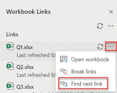 Comando 'Encontrar o próximo link' no painel 'Gerir links'.