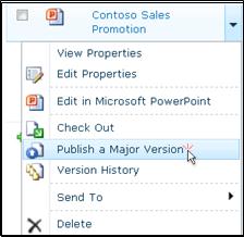 Caixa de entrega de documentos numa biblioteca do SharePoint. A ação "Publicar uma versão principal" está realçada.
