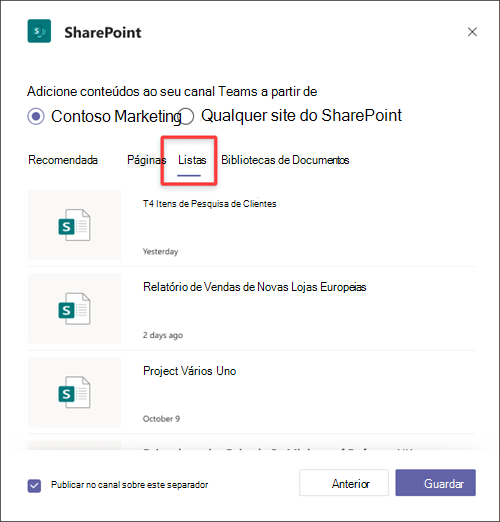 Adicione uma lista do SharePoint como um separador no Teams.