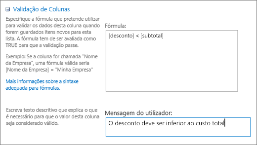 Caixa de diálogo validação de colunas com campos preenchidos com dados de exemplo