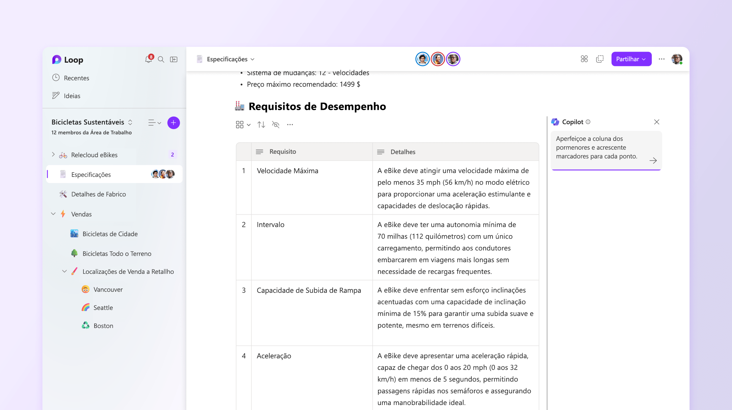 Captura de ecrã a mostrar o Copilot no Loop a editar os detalhes.
