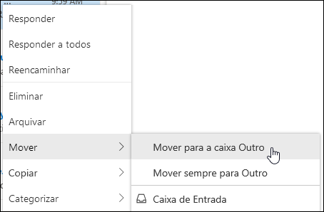 Uma captura de ecrã mostra o menu de contexto com as opções para Mover para a caixa de entrada Outros e Mover sempre para a caixa de entrada Outros.