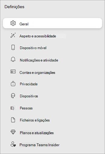 Lista de opções de definição com ícones e nomes