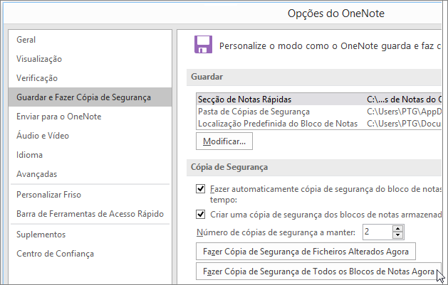 Screenshot of the OneNote Options dialog box in OneNote 2016.