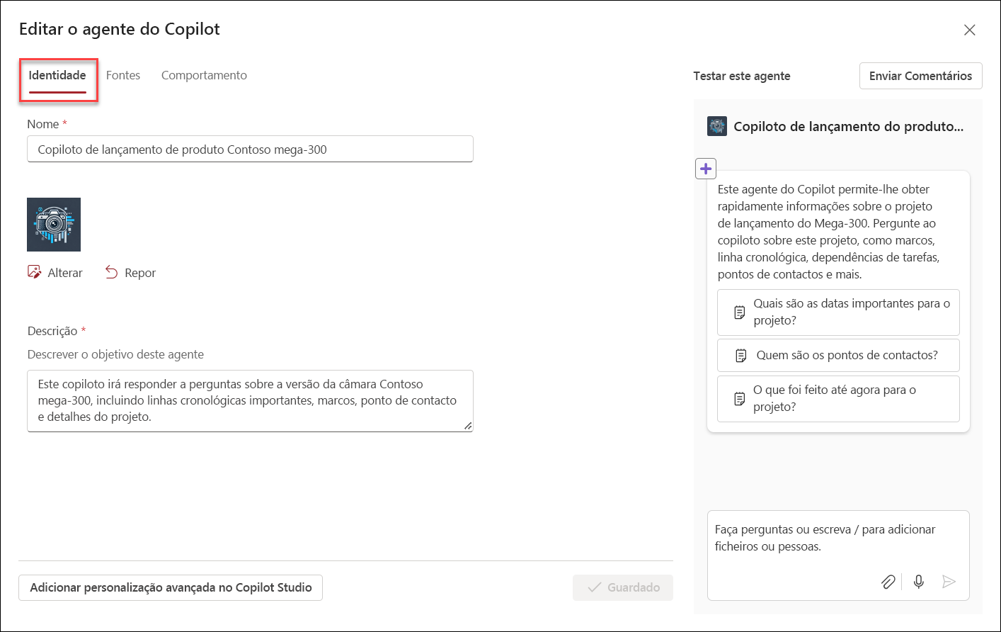 captura de ecrã da IU de arranque para editar um agente copilot