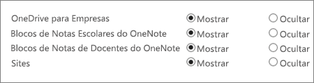 Uma lista com o OneDrive para Empresas, Blocos de Notas Escolares do OneNote, Blocos de Notas de Docentes do OneNote e Sites com botões para Mostrar ou Ocultar.