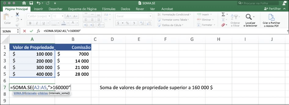 Captura de ecrã dos dados do Excel com a função SOMA.SE