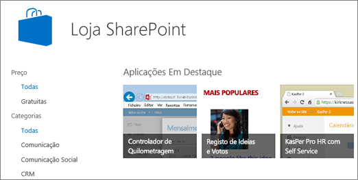 Vista da seleção de aplicações da Loja SharePoint