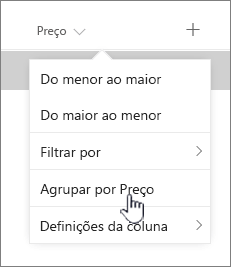 Opção Groupby no menu de cabeçalho da coluna