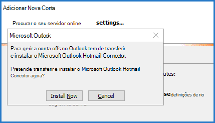 Pedido do Hotmail Connector no Outlook