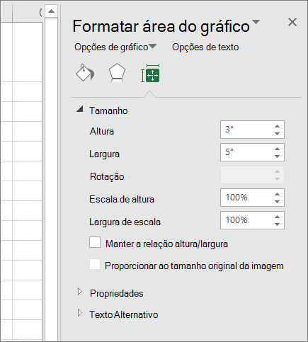 Pode ajustar o tamanho do gráfico na caixa de diálogo Formatar Área do Gráfico