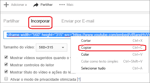 Copiar o código incorporado do iFrame