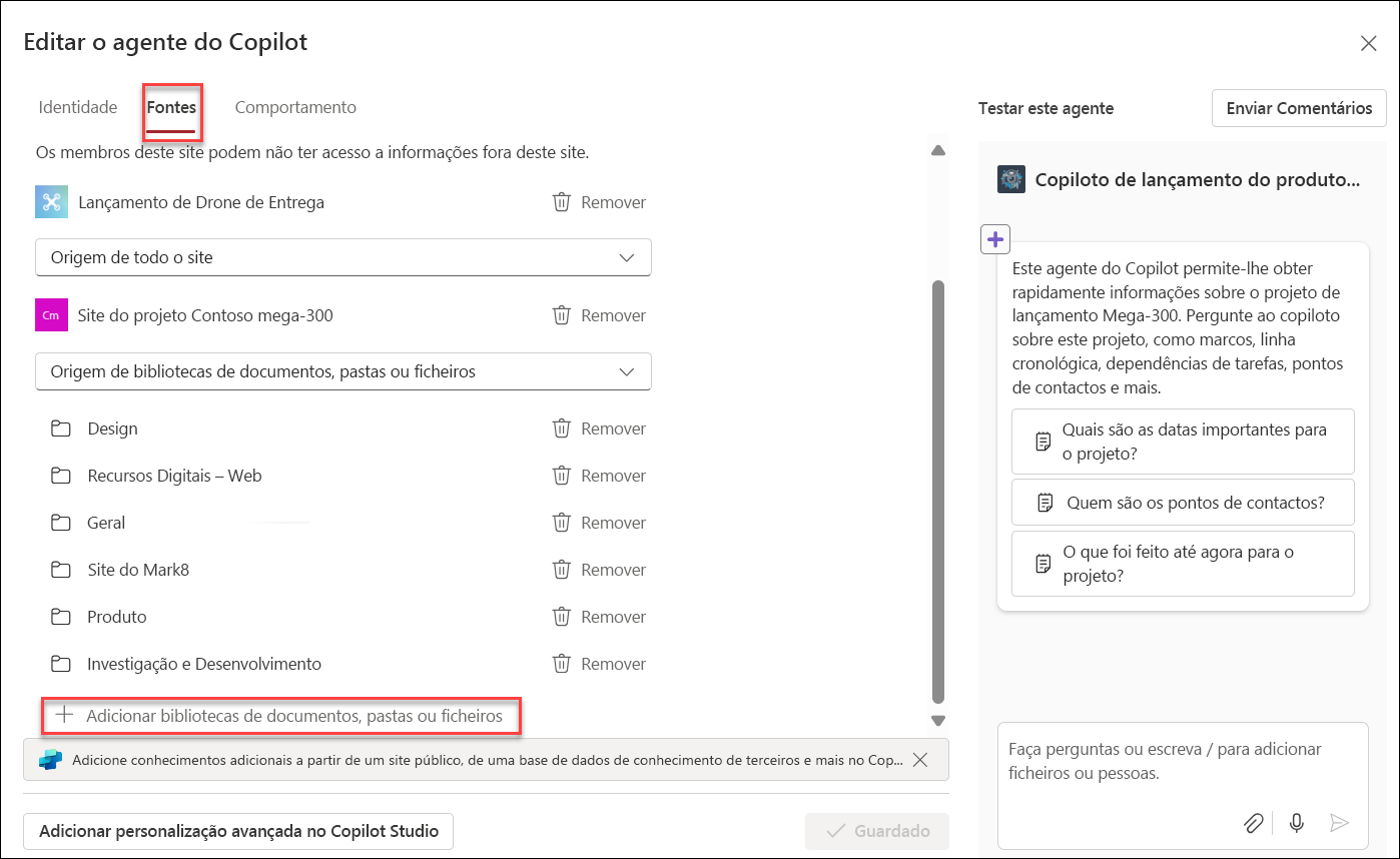 A captura de ecrã da adição de recursos de conhecimento ao agente do copilot