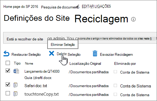 Botão Eliminar página de Reciclagem do SharePoint 2016 realçado