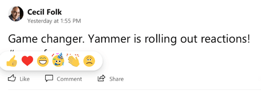 Screenshot mostrando sobre reações em Yammer