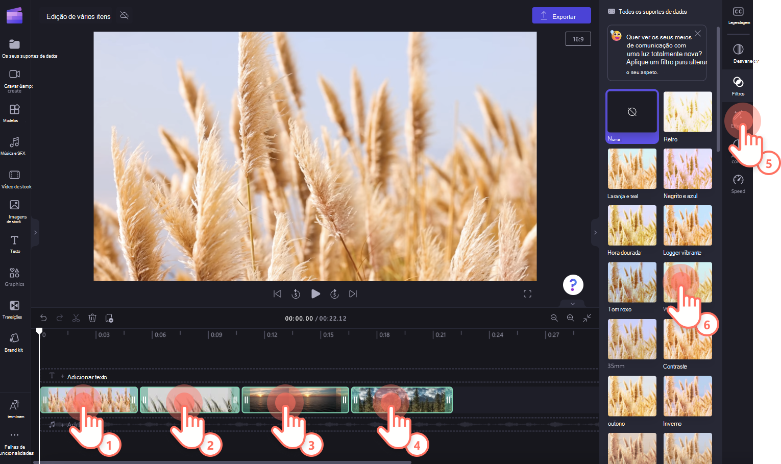 Uma imagem de um utilizador a premir a tecla shift e a clicar em vários clips de vídeo na linha cronológica para adicionar filtros.