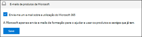 Captura de ecrã: Optar ativamente por não receber formação da Microsoft por e-mail