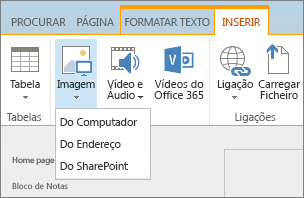 Captura de ecrã do friso do SharePoint Online. Selecione o separador Inserir e, em seguida, selecione Imagem para escolher se pretende carregar um ficheiro do seu computador, de um endereço Web ou de uma localização do SharePoint.