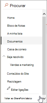 Barra de Iniciação Rápida no lado esquerdo do ecrã com a vista Regressar à vista clássica realçada.