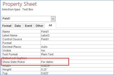 Mostrar propriedade seletor de datas na Folha de Propriedades de um formulário