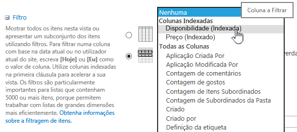 No SharePoint Online, escolha um campo indexado