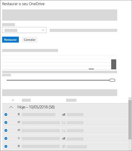 Captura de ecrã a mostrar a utilização do gráfico de atividade e do feed de atividade para selecionar atividades em Restaurar o seu OneDrive